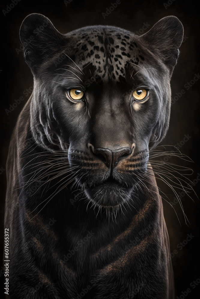 Black leopard portrait on dark background, Generative AI
