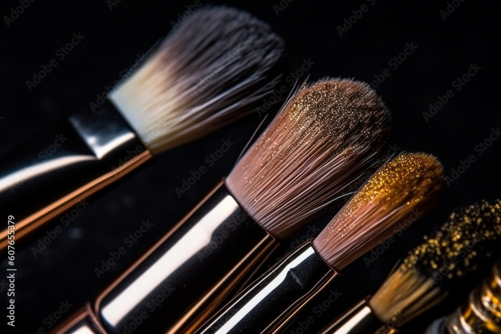 Fototapeta premium Various makeup brushes on the table, Generative AI