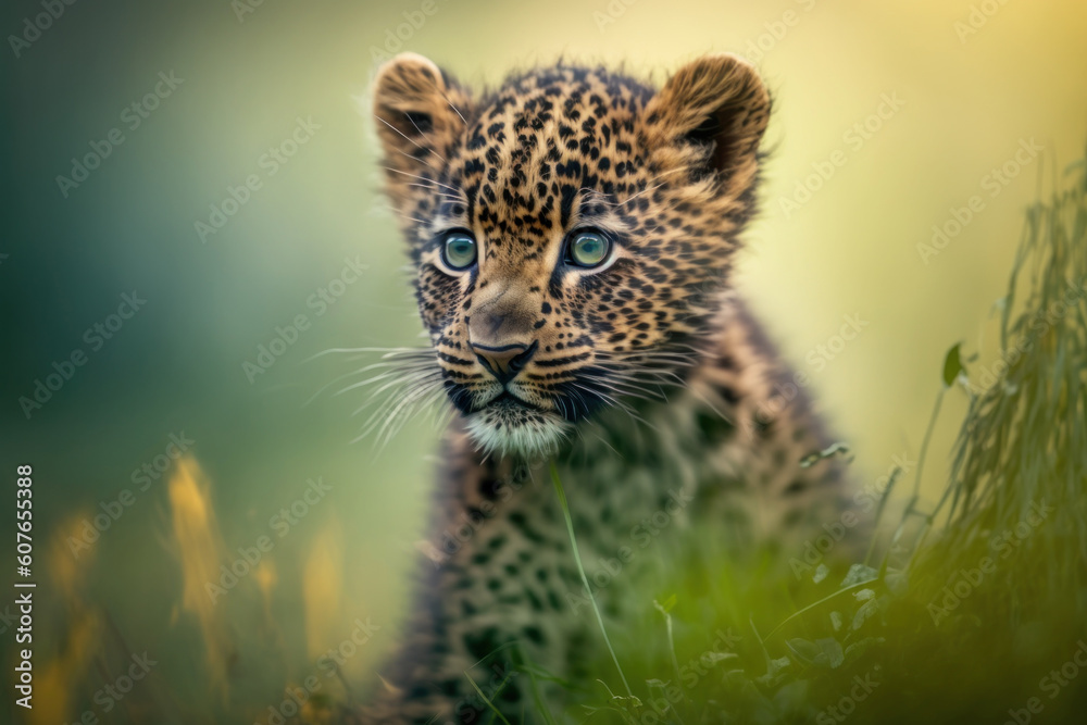 Fototapeta premium Baby leopard in spring green grass with flowers. Generative AI