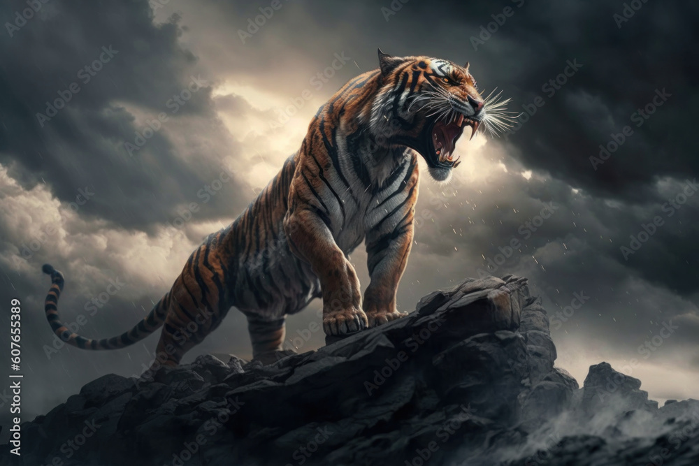 Aggressive angry tiger with big teeth on the background of a stormy sky, Generative AI