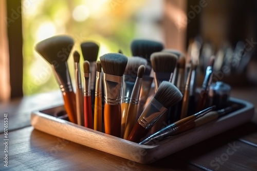 Various makeup brushes on the table, Generative AI