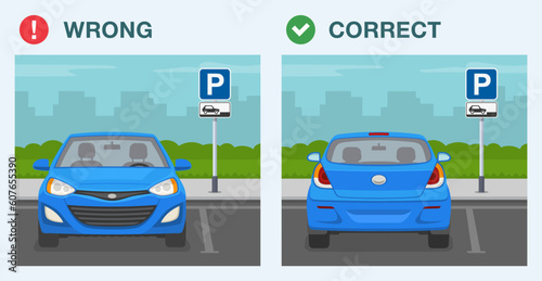 Outdoor parking rules. Front and back view of a correct and incorrect parked car in the "forward parking only" area. Flat vector illustration template.