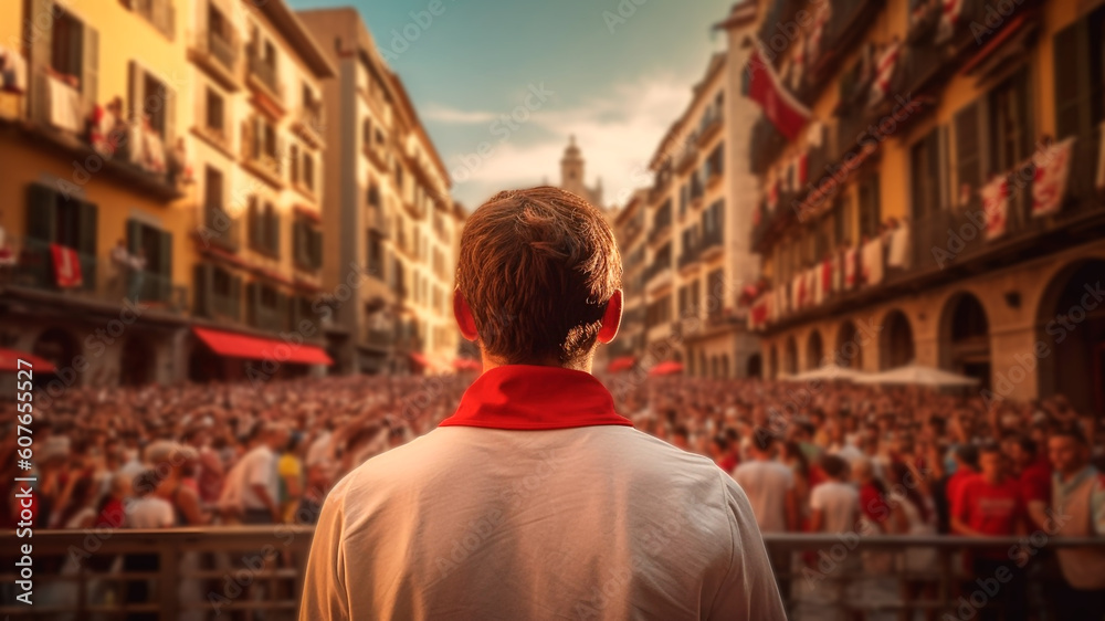 Man stands front people during San Fermín in streets of Pamplona. Generative AI