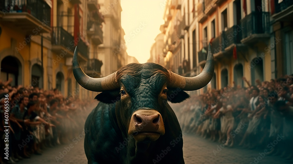 A majestic bull stands regally in the street, during San Fermín. Generative AI A majestic bull stands regally in the street, during San Fermín. Generative AI