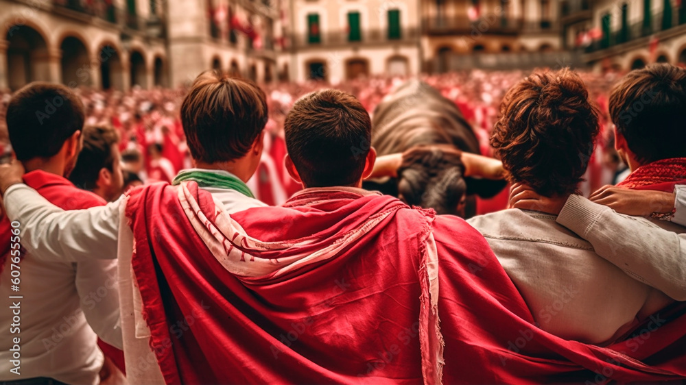 Fototapeta premium Group of young boys with red cape looking a bull in San Fermín. Generative AI