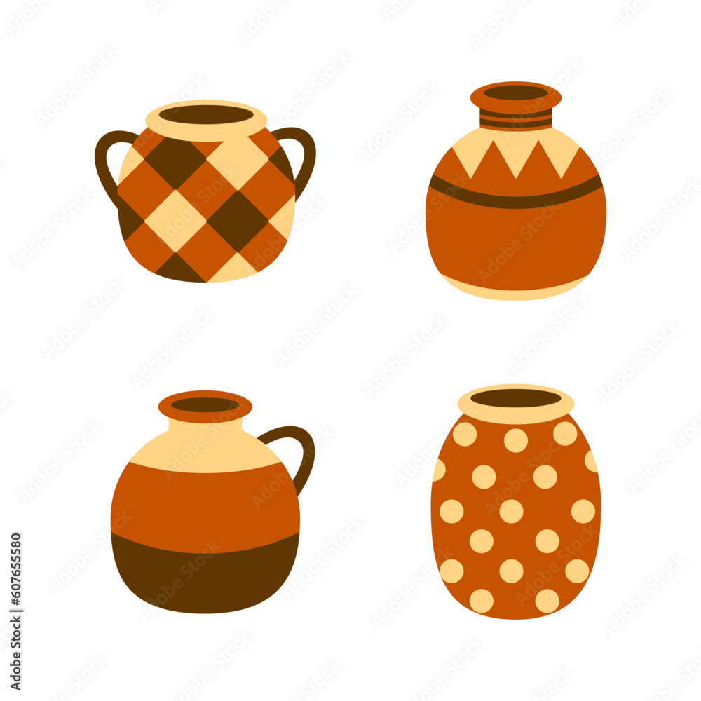 Ceramic Pot icon set. Stock vector illustration of classic. Handmade decorated ceramic vase and jar. Flat style