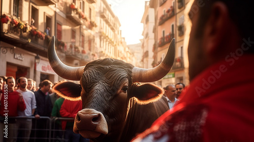 A man with a focused gaze, assesses a bull during San Fermín. Generative AI photo