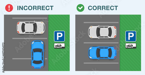 Outdoor parking rules. Top view of a correct and incorrect parked cars in the "reverse parking only" area. Flat vector illustration template.