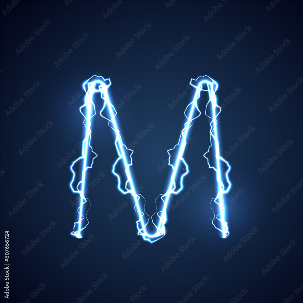Blue lightning style letter or alphabet M. lightning and thunder bolt or electric font, glow and sparkle effect on blue background. vector design.