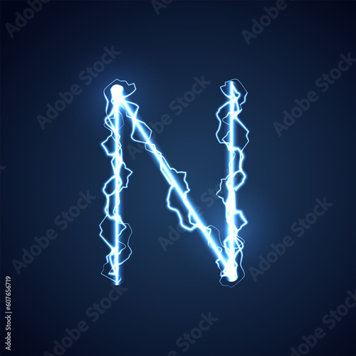 Blue lightning style letter or alphabet N. lightning and thunder bolt or electric font, glow and sparkle effect on blue background. vector design.