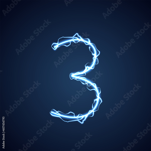 Blue lightning style letter or alphabet 3. lightning and thunder bolt or electric font, glow and sparkle effect on blue background. vector design.