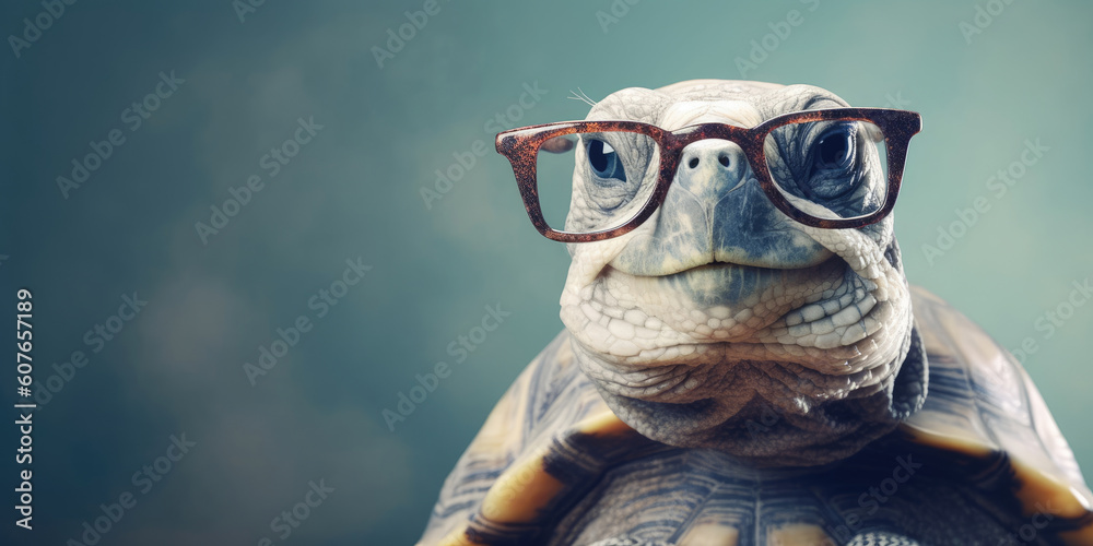 Portrait of a turtle with glasses, Generative AI