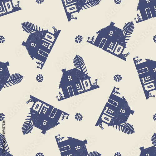 Masculine block print house vector pattern. Seamless sketchy city street organic style for rustic tile. 