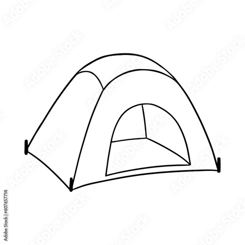 Camping tent doodle icon. Vector outline sketch isolated on white.