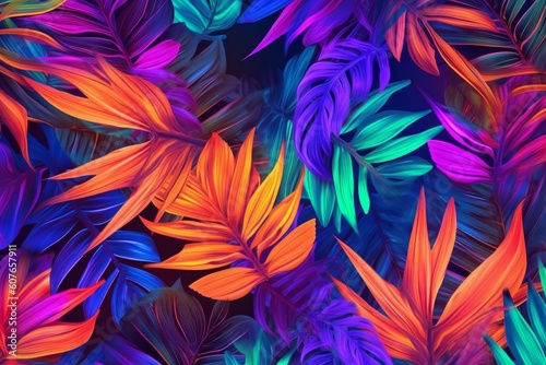 creative fluorescent color layout made of tropical leaves. colorful leaves background. red and yellow background. Generative AI