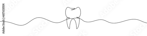 Tooth icon in continuous line drawing style. Line art of tooth icon.