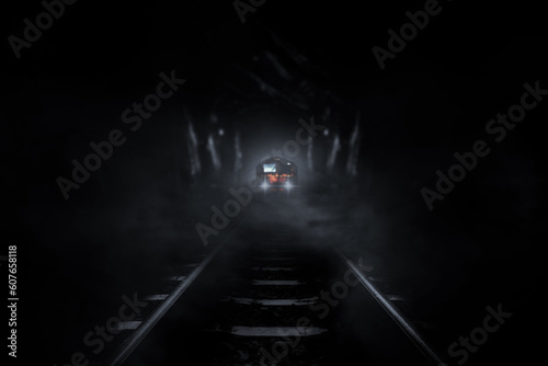 3D Rendering Old trains run through old tunnels at night.