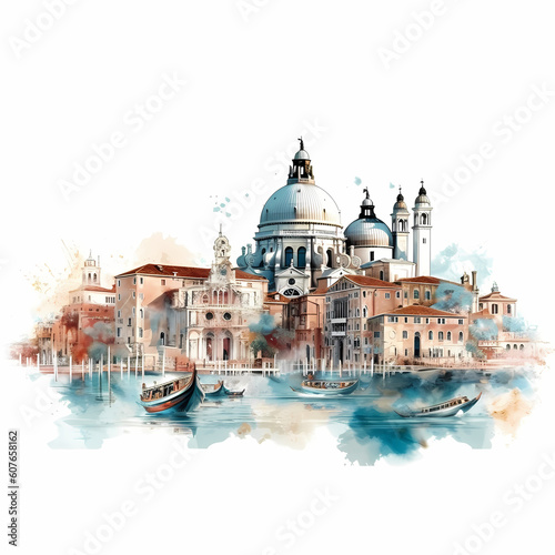 Venice Landscape White Background Illustration. Generative AI © imazydreams