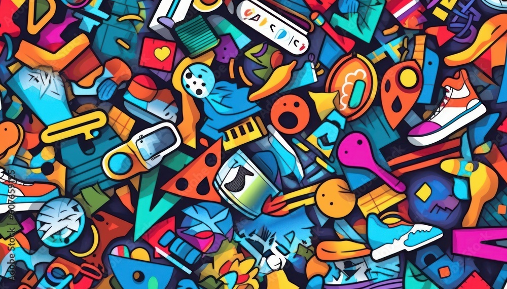 Naklejka premium Doodle Art Seamless Pattern, Fashion Textile, Sport clothes, Street Art Graffiti Style Background. Generative Ai