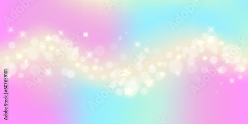 Rainbow fantasy background. Holographic illustration in pastel colors. Multicolored unicorn sky with stars and bokeh.