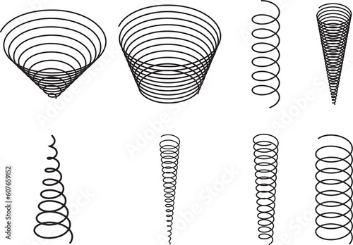  various shaped metal springs tapering. coil spring on blank background 

