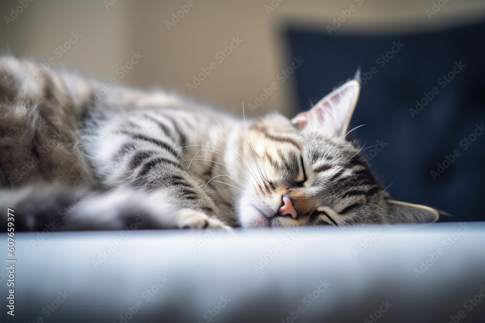 Naklejka premium Cat sleeping on couch. Generated AI