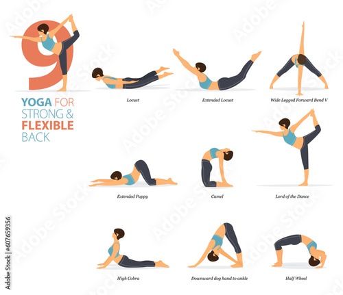 9 Yoga poses or asana posture for workout in Strong & flexible back concept. Women exercising for body stretching. Fitness infographic. Flat cartoon vector.