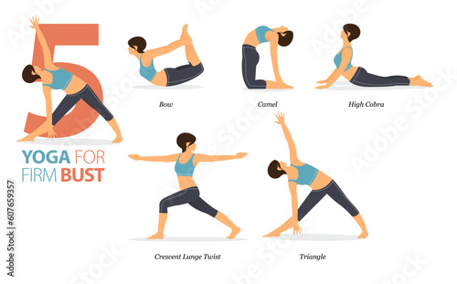 5 Yoga poses or asana posture for workout in Firm bust concept. Women exercising for body stretching. Fitness infographic. Flat cartoon vector.
