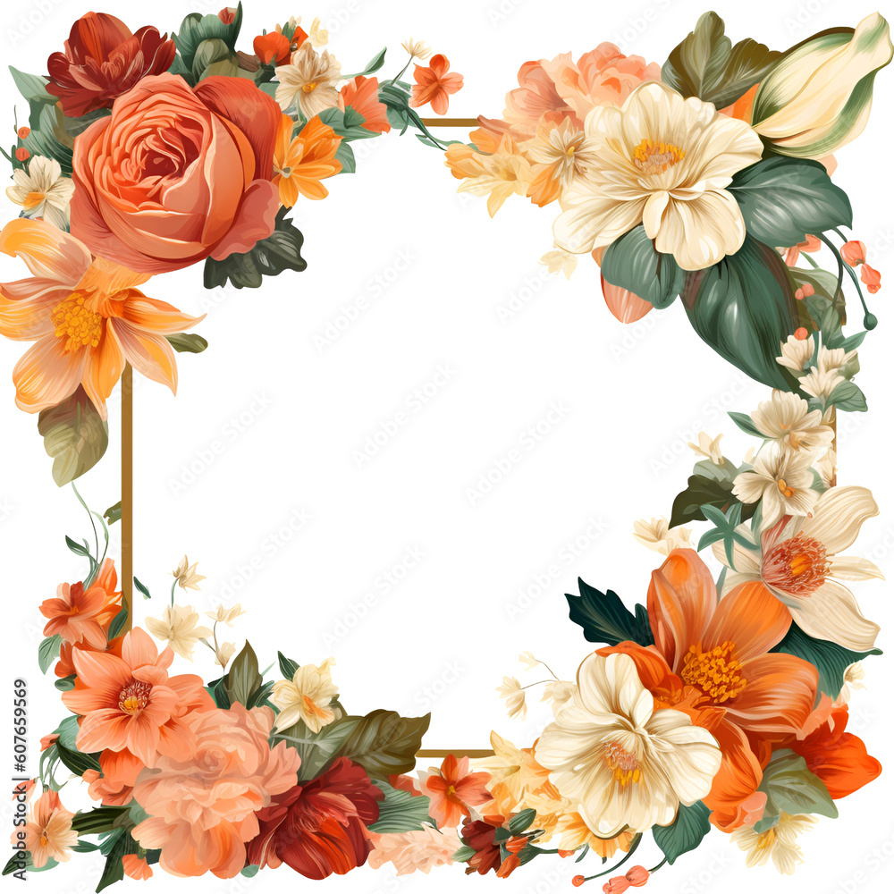 Floral bouquet isolated, colorful flower border frame. Flower and plant background. PNG, Generative AI.