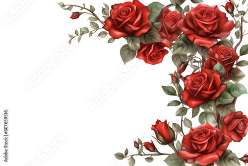 Bouquet of red roses isolated, red rose border frame. Flower and plant background. PNG, Generative AI.