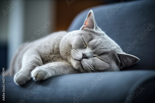 British Shorthair cat sleeping on the couch. Generated AI