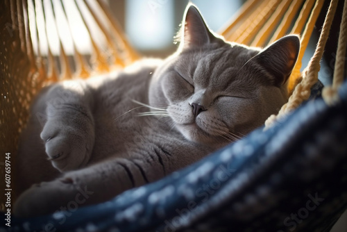 British Shorthair cat sleeping in the hammock. Generated AI