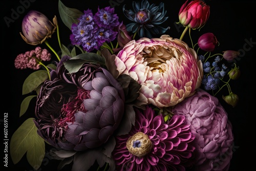 bouquet of purple and pink peonies created with Generative AI technology