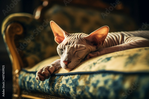 Sphynx cat sleeping on the couch. Generated AI