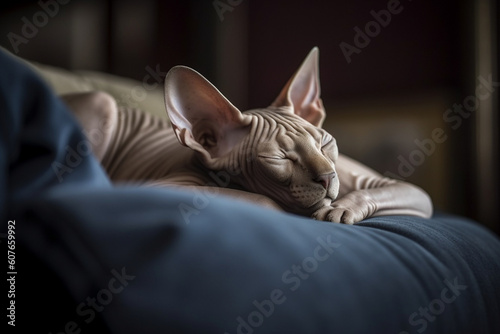 Sphynx cat sleeping on the couch. Generated AI