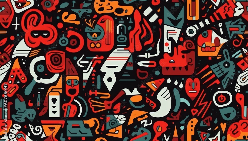Naklejka premium Doodle Art Seamless Pattern, Fashion Textile, Sport clothes, Street Art Graffiti Style Background. Generative Ai