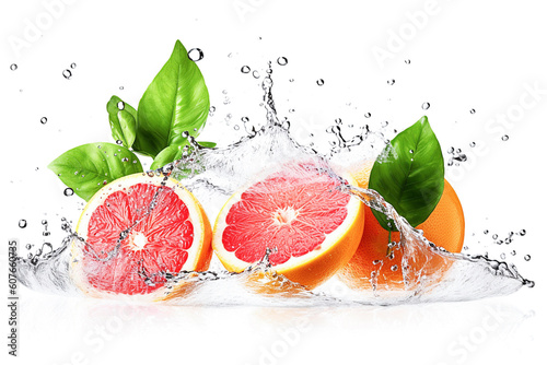 Ai generative. Water splash on grapefruits on white
