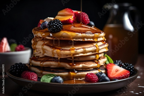 american pancakes with fresh berries and ahonr syrup created with Generative AI technology