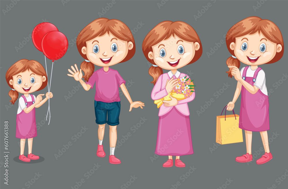 Set of happy girl in pink doing different activities by the greatest graphics Set of happy girl in pink doing different activities by the greatest graphics