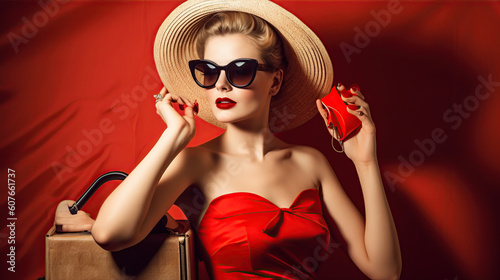 Model in red dress, sunglasses and hat on red background, classic fashion ai illustration   