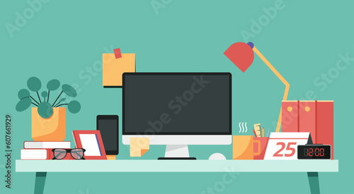 home office workspace concept, blank screen desktop computer on table with phone, cup, pencil holder, lamp, picture frame, book, digital clock and plant on desk, vector flat illustration