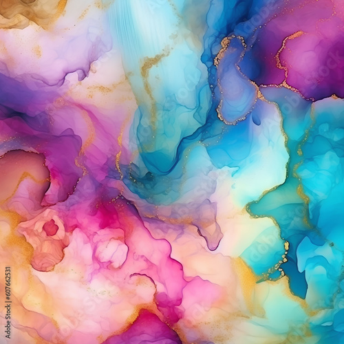 A colorful abstract alcohol ink with gold background . generative ai