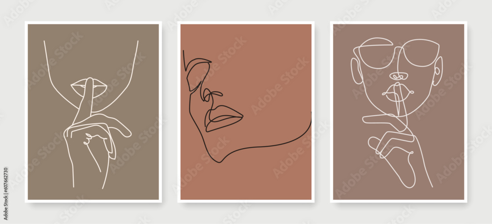 Continuous Line Drawing of Elegant Woman Head Set. Female Face Minimalistic Beauty Concept, Vector Illustration for T-shirt, Wall Decor, Print, Poster, Graphics. Woman Face Abstract Line Drawing. 