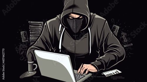 Illustration of computer hacker with laptop. AI Generative