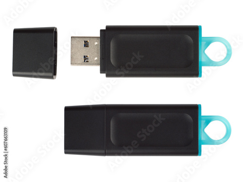 USB flash drive on a white background. Black plastic flash drive. A set of closed and open flash drives.