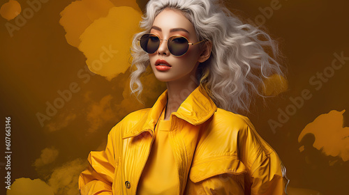 Model in yellow jacket and sunglasses, ai fasion illustration  photo