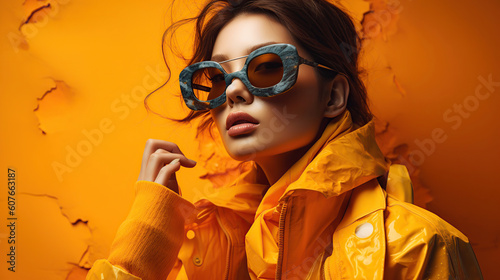 Model in yellow jacket and sunglasses, ai fasion illustration 
