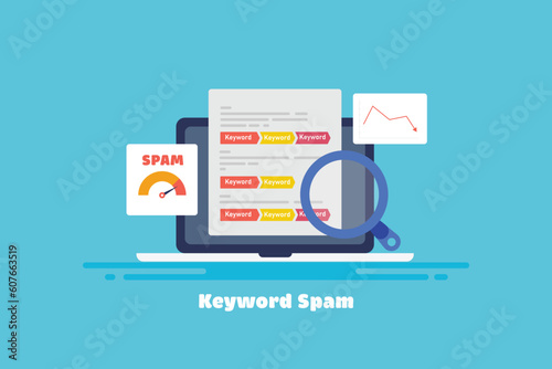 Website content full of keyword stuffing, search engine spam indexing unethical seo strategy, vector illustration web banner. photo
