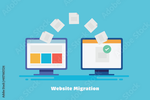 Website migration service. Chaing website structure, content and creating new user experience for better search ranking, vector illustration web banner. photo