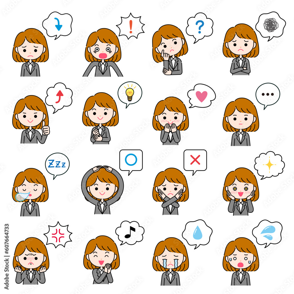 吹き出し付きのスーツ姿の女性の感情表現イラスト 吹き出し付きのスーツ姿の女性の感情表現イラスト